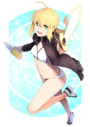 Rule 34 | 1girl, ahoge, artoria pendragon (all), artoria pendragon (fate), artoria pendragon (swimsuit archer) (fate), artoria pendragon (swimsuit archer) (second ascension) (fate), bikini, blonde hair, breasts, dual wielding, fate/grand order, fate (series), full body, green eyes, holding, jacket, long hair, low ponytail, open clothes, open jacket, open mouth, ponytail, running, saber (fate), shoes, small breasts, smile, sneakers, solo, somemiya suzume, sports bikini, swimsuit, sword, tankini, track jacket, water gun, weapon