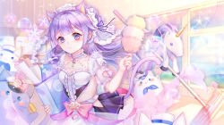 Rule 34 | 1girl, absurdres, alternate costume, animal, animal ear fluff, animal ears, apron, azur lane, bag, black ribbon, black skirt, blue sky, blush, breasts, cat, cat ears, cat girl, cat tail, center frills, closed mouth, cloud, cloudy sky, collarbone, commentary request, curtains, day, duster, enmaided, fingernails, frilled apron, frills, hair ribbon, hand up, hat, highres, holding, holding duster, indoors, irisrey, kemonomimi mode, long hair, maid, meowficer (azur lane), paper bag, peaked cap, pleated skirt, puffy short sleeves, puffy sleeves, purple eyes, purple hair, ribbon, sailor hat, see-through, see-through sleeves, short sleeves, skirt, sky, small breasts, smile, star (symbol), stuffed animal, stuffed toy, stuffed unicorn, tail, tail raised, transparent, unicorn (azur lane), very long hair, waist apron, white apron, white hat, window