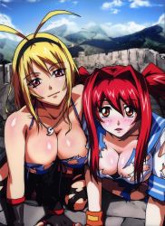 Rule 34 | 00s, 2girls, antenna hair, artist request, blonde hair, blush, breasts, brown eyes, chousen (ikkitousen), cleavage, downblouse, fingerless gloves, gloves, hairband, ikkitousen, ikkitousen eloquent fist, jewelry, kanpei, large breasts, magatama, multiple girls, necklace, red hair, school uniform, smile, torn clothes, twintails