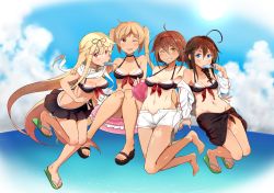 Rule 34 | 10s, 4girls, ;), ahoge, ball, bare shoulders, barefoot, bikini, bikini top only, black ribbon, black skirt, blonde hair, blue eyes, blue sky, braid, breasts, brown eyes, brown hair, choker, cleavage, cloud, collarbone, day, feet, food, grin, groin, hair between eyes, hair flaps, hair ornament, hair over shoulder, hair ribbon, hairband, hairclip, hand on another&#039;s arm, ice cream, innertube, jacket, kantai collection, light brown hair, liking, long hair, long sleeves, looking at viewer, medium breasts, miniskirt, mouth hold, multiple girls, murasame (kancolle), navel, off shoulder, one-piece tan, one eye closed, open clothes, open jacket, open mouth, parted lips, pleated skirt, popsicle, red eyes, red hairband, red ribbon, ribbon, sandals, sarong, scarf, shigure (kancolle), shiratsuyu (kancolle), shirt, short hair, shorts, single braid, skirt, sky, smile, sun, swim ring, swimsuit, tan, tanline, teeth, twintails, very long hair, water, white scarf, white shirt, yellow eyes, yuudachi (kancolle)