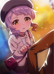 Rule 34 | 1girl, bag, beret, black headwear, blurry, blurry background, blush, brown eyes, brown jacket, brown skirt, clothes grab, commentary request, depth of field, hat, highres, idolmaster, idolmaster million live!, idolmaster million live! theater days, jacket, makabe mizuki, momoda yasuhito, open clothes, open jacket, out of frame, parted lips, plaid, plaid skirt, purple hair, shirt, shoulder bag, skirt, sleeve grab, solo focus, white shirt