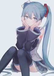 Rule 34 | 1girl, absurdres, aqua eyes, aqua hair, aqua nails, aqua necktie, bare shoulders, black skirt, black sleeves, boots, closed mouth, collared shirt, commentary, detached sleeves, grey shirt, hair between eyes, hair ornament, hands on own face, hands up, hatsune miku, headset, highres, light blush, long hair, looking at viewer, miku day, necktie, number tattoo, pleated skirt, shiratakiseaice, shirt, shoulder tattoo, simple background, sitting, skirt, sleeveless, sleeveless shirt, solo, tattoo, thigh boots, thighhighs, twintails, very long hair, vocaloid, wide sleeves, zettai ryouiki