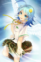 Rule 34 | 1girl, ahoge, angel wings, bad id, bad pixiv id, black socks, blue eyes, blue hair, ddongu, gart, hair ornament, hairpin, hand on own hip, impossible clothes, kneehighs, leg up, matching hair/eyes, open mouth, outstretched arm, plaid, plaid skirt, pleated skirt, ribbon, school uniform, short hair, skirt, smile, socks, solo, standing, sword girls, wings