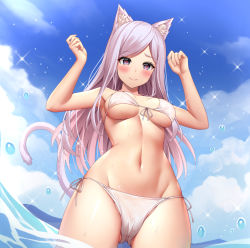 Rule 34 | 1girl, animal ear fluff, animal ears, armpits, arms up, bare shoulders, bikini, blue sky, blush, breasts, cameltoe, cat ears, cat girl, cat tail, closed mouth, cowboy shot, day, from below, front-tie bikini top, front-tie top, gluteal fold, large breasts, long hair, looking at viewer, looking down, navel, open mouth, outdoors, pink hair, purple eyes, ribbon, shoron, side-tie bikini bottom, sky, smile, solo, sparkle, stomach, swept bangs, swimsuit, tail, underboob, very long hair, water drop, white bikini, white ribbon