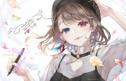 Rule 34 | 1girl, ao+beni, blue eyes, blush, brown hair, camisole, choker, closed mouth, dated, earrings, heterochromia, holding, jewelry, lips, long sleeves, medium hair, nail polish, original, pen, petals, red eyes, see-through, shirt, signature, smile, solo, white background