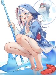 Rule 34 | 1girl, :d, absurdres, animal costume, animal hood, barefoot, bloop (gawr gura), blue eyes, blue hair, blue hoodie, blue nails, blush, commentary, ebi-chan (gawr gura), feet, fingernails, fins, fish tail, gawr gura, gawr gura (1st costume), hand on own cheek, hand on own face, head rest, highres, holding, holding polearm, holding weapon, hololive, hololive english, hood, hood up, hoodie, legs, long sleeves, looking at viewer, multicolored hair, nail polish, no pants, open mouth, pero (peroneko0510), polearm, shark, shark costume, shark girl, shark hood, shark print, shark tail, sharp teeth, shrimp, simple background, smile, squatting, streaked hair, tail, teeth, toes, trident, virtual youtuber, weapon, white background, white hair, wide sleeves