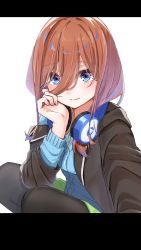 Rule 34 | 1girl, absurdres, black jacket, black pantyhose, blue cardigan, blue eyes, blue shirt, brown hair, cardigan, closed mouth, collared shirt, commentary request, dress shirt, go-toubun no hanayome, green skirt, hair between eyes, headphones, headphones around neck, highres, honorikiti, hood, hood down, hooded jacket, jacket, knees up, letterboxed, long hair, long sleeves, looking at viewer, nakano miku, open clothes, open jacket, pantyhose, selfie, shirt, skirt, smile, solo, squatting, white background