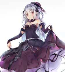 Rule 34 | 1girl, ajax (azur lane), ajax (party queen) (azur lane), azur lane, black bow, black hat, blush, bow, breasts, closed mouth, commentary request, detached sleeves, dress, flower, gradient background, grey background, hair bow, hanagin, hat, hat flower, highres, long hair, long sleeves, mini hat, purple dress, purple flower, purple rose, red eyes, rose, silver hair, sleeves past wrists, small breasts, smile, solo, striped clothes, striped headwear, two side up, vertical-striped clothes, vertical-striped headwear, vertical-stripes, very long hair, white background