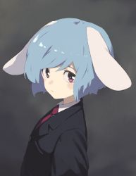 Rule 34 | 1girl, animal ears, black jacket, blue hair, commentary request, from side, grey background, highres, jacket, long sleeves, looking at viewer, marker (medium), necktie, rabbit ears, red eyes, red necktie, reisen (touhou bougetsushou), shiratama (hockey), shirt, short hair, solo, touhou, traditional media, upper body, white shirt