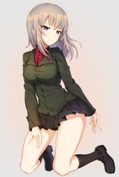 Rule 34 | 10s, 1girl, black footwear, black skirt, black socks, blue eyes, breasts, closed mouth, full body, girls und panzer, green jacket, grey background, hand on own thigh, head tilt, highres, icomochi, itsumi erika, jacket, kneehighs, kneeling, loafers, long hair, long sleeves, looking at viewer, medium breasts, miniskirt, pleated skirt, shiny skin, shoes, silver hair, simple background, skirt, smile, socks, solo, tsurime