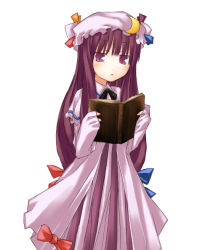 Rule 34 | 1girl, book, bow, crescent, female focus, hat, long hair, nu (plastic eraser), open book, patchouli knowledge, pink bow, purple eyes, purple hair, reading, sleeves past wrists, solo, touhou