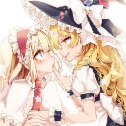 Rule 34 | 2girls, alice margatroid, blonde hair, blue eyes, blush, bow, braid, capelet, eye contact, face-to-face, finger to mouth, frills, from side, hairband, hat, hat bow, kirisame marisa, lolita hairband, long hair, looking at another, mokokiyo (asaddr), multiple girls, nail polish, neck ribbon, profile, puffy short sleeves, puffy sleeves, ribbon, short sleeves, side braid, sidelocks, signature, simple background, smile, touhou, wavy hair, white background, witch hat, wrist cuffs, yellow eyes, yellow nails