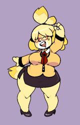 Rule 34 | 1girl, animal crossing, animal ears, arm up, black eyes, black footwear, black skirt, blonde hair, blush, breasts, dog ears, dog girl, dog tail, drooling, female focus, full body, furry, furry female, glasses, happy, high heels, isabelle (animal crossing), jacket, jaggy lines, large breasts, long sleeves, looking at viewer, mangneto, miniskirt, necktie, nintendo, one eye closed, open mouth, pencil skirt, pigeon-toed, purple background, red-framed eyewear, red necktie, shirt, shoes, short hair, side slit, simple background, skirt, smile, solo, standing, sweat, tail, teeth, topknot, white shirt, wide hips, wink, yellow jacket