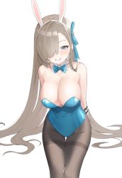 Rule 34 | animal ears, asuna (blue archive), asuna (bunny) (blue archive), bad id, bad twitter id, blue archive, blue bow, blue bowtie, blue leotard, bow, bowtie, breasts, brown pantyhose, chungu, detached collar, fake animal ears, gloves, hair over one eye, highleg, highleg leotard, highres, leotard, light brown hair, mole, mole on breast, pantyhose, playboy bunny, rabbit ears, solo, strapless, strapless leotard, traditional bowtie, white gloves