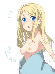 Rule 34 | 10s, 1girl, ayase alisa, blonde hair, blue eyes, blush, breasts, eryuam7523, eyes visible through hair, hair ornament, hairclip, long hair, looking at viewer, love live!, love live! school idol project, naked towel, nipples, open mouth, small breasts, solo, standing, towel, towel slip, translation request, wardrobe malfunction