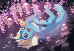 Rule 34 | :d, bubble, commentary request, creatures (company), from above, game freak, gen 1 pokemon, happy, highres, lying, nintendo, no humans, nullma, on back, open mouth, petals, pokemon, pokemon (creature), smile, solo, toes, tongue, vaporeon, water