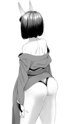 Rule 34 | 1girl, arms at sides, ass, bad id, bad pixiv id, bare shoulders, bob cut, bridal gauntlets, butt crack, facing away, fate/grand order, fate (series), from behind, greyscale, highres, horns, monochrome, off shoulder, shiromako, short hair, shuten douji (fate), simple background, skin-covered horns, solo, standing, thighs, white background