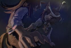 2girls aged_down animal_ears brown_hair clothing_cutout collared_shirt crescent_moon cross_tie foreshortening green_vest highres horse horse_ears horse_girl horse_tail long_hair looking_at_another moon multicolored_hair multiple_girls night open_mouth outdoors pants pipi_(pierce_cn) purple_eyes shirt short_hair sirius_symboli_(umamusume) sleeves_rolled_up smile streaked_hair symboli_rudolf_(umamusume) tail tail_through_clothes umamusume upper_body vest white_shirt