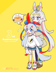 Rule 34 | 2girls, ahoge, animal ears, anniversary, biting, blue eyes, blue pants, blue shorts, blush, blush stickers, brown footwear, brown jacket, character name, dated, ear biting, english text, fang, food, full body, grey hair, hairband, hands on another&#039;s shoulders, headband, highres, horse ears, horse girl, horse tail, ichinomori, jacket, loafers, long hair, long sleeves, looking afar, multiple girls, oguri cap (umamusume), open mouth, pancake, pants, saliva, shirt, shoes, shorts, signature, simple background, smile, sneakers, sparkle, standing, tail, tamamo cross (umamusume), thought bubble, twitter username, umamusume, v-shaped eyebrows, watermark, white footwear, white shirt, yellow background