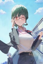 Rule 34 | 1girl, :&gt;, anosillus ii, breasts, character request, closed mouth, glasses, green hair, gridman universe, highres, m.q (mqkyrie), medium breasts, one eye closed, red hair, smile, solo focus, ssss.dynazenon