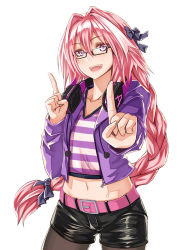 Rule 34 | 1boy, astolfo (fate), astolfo (memories at trifas) (fate), belt, black pantyhose, blush, braid, essa sazhka, fang, fate/apocrypha, fate (series), glasses, hair ribbon, headphones, jacket, koi dance, long hair, looking at viewer, male focus, midriff, multicolored hair, official alternate costume, open mouth, pantyhose, pantyhose under shorts, pink hair, purple eyes, ribbon, shirt, shorts, single braid, smile, solo, streaked hair, striped clothes, striped shirt, trap, zipper pull tab