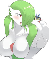 Rule 34 | 1boy, 1girl, against wall, animal ears, animal hands, arm up, bent over, blush, breasts, closed eyes, collarbone, creatures (company), furry, game freak, gardevoir, gen 3 pokemon, gen 4 pokemon, giant, giantess, green hair, hair over one eye, half-closed eyes, large breasts, leaning forward, looking back, looking to the side, lucario, mega lucario, mega pokemon, nintendo, no nipples, open mouth, pleated skirt, pokemon, pokemon (creature), pokemon dppt, pokemon rse, red eyes, short hair, size difference, skirt, smile, soryuu, teeth, v arms, white skirt, wolf ears