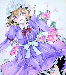 Rule 34 | 1girl, blonde hair, breasts, center frills, chaka3464, dress, eyelashes, flower, frilled dress, frills, hand in own hair, hat, juliet sleeves, long sleeves, maribel hearn, medium breasts, mob cap, open mouth, pink flower, puffy sleeves, purple dress, purple eyes, short hair, touhou, traditional media