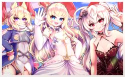 Rule 34 | 3girls, alma stella, azur lane, black panties, blonde hair, blue eyes, breasts, coat, crown, detached collar, dress, elbow gloves, epaulettes, evening gown, gloves, gold trim, hair ears, hairband, halterneck, headgear, highres, lace-trimmed hairband, lace trim, layered dress, long hair, long sleeves, looking at viewer, mini crown, multiple girls, official alternate costume, open mouth, panties, pantyshot, purple coat, purple eyes, queen elizabeth (azur lane), queen elizabeth (the queen&#039;s ball) (azur lane), red dress, red eyes, scarf, sleeveless, sleeveless dress, small breasts, strapless, strapless dress, underwear, valiant (azur lane), valiant (queen valiant i) (azur lane), warspite (azur lane), white dress, white gloves, white hair, white scarf