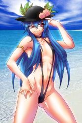Rule 34 | 1girl, bad id, bad pixiv id, beach, blue hair, female focus, flat chest, food, fruit, hand on own hip, hat, hinanawi tenshi, hip focus, long hair, ootsuki wataru, outdoors, peach, red eyes, sky, slingshot swimsuit, solo, swimsuit, touhou, water