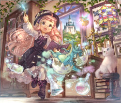 Rule 34 | 2girls, animal, black dress, black footwear, blue eyes, book, book stack, bookshelf, boots, bottle, bow, braid, castle, cat, dragon, dress, egg, fairy, fairy wings, fantasy, female focus, flower, framed insect, glasses, hair bow, hat, hat flower, highres, holding, holding book, holding wand, lamp, long hair, magic, mini person, minigirl, multiple girls, nanami tomorou, open mouth, original, pink hair, pointy ears, potion, purple bow, rimless eyewear, scales, signature, twintails, wand, white legwear, window, wings, yellow dress