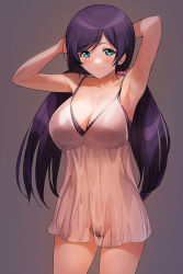 Rule 34 | 1girl, a1 (initial-g), armpits, arms behind head, arms up, babydoll, bare shoulders, blush, breasts, cleavage, closed mouth, collarbone, female pubic hair, green eyes, hair ornament, hair scrunchie, large breasts, lingerie, long hair, looking at viewer, love live!, love live! school idol project, low twintails, navel, no panties, pink scrunchie, pubic hair, purple hair, pussy, scrunchie, see-through, smile, solo, standing, swept bangs, tojo nozomi, twintails, underwear