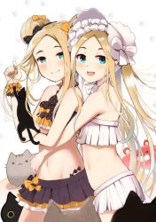 Rule 34 | 2girls, abigail williams (fate), abigail williams (swimsuit foreigner) (fate), abigail williams (swimsuit foreigner) (third ascension) (fate), bare shoulders, bikini, black bikini, black bow, black cat, black skirt, blonde hair, blue eyes, blush, bonnet, bow, breasts, cat, collarbone, double bun, dual persona, emerald float, fate/grand order, fate (series), forehead, frilled bikini, frills, hair bow, hair bun, kujiran, long hair, looking at viewer, microskirt, miniskirt, multiple bows, multiple girls, navel, official alternate costume, orange bow, parted bangs, polka dot, polka dot bow, sidelocks, skirt, small breasts, swimsuit, thighs, twintails, very long hair, white bikini, white bow, white headwear