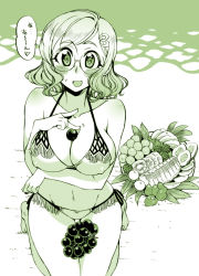 Rule 34 | breasts, collarbone, covered erect nipples, food, fruit, glasses, green theme, hair ornament, hairclip, kusanagi tonbo, large breasts, monochrome, navel, object on breast, original, short hair, swimsuit, wavy hair