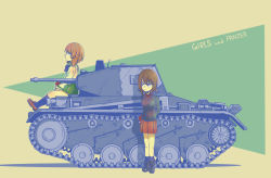 Rule 34 | 10s, 2girls, artist request, brown eyes, brown hair, caterpillar tracks, commentary request, girls und panzer, highres, holding, kuromorimine military uniform, military, military vehicle, motor vehicle, multiple girls, nishizumi maho, nishizumi miho, ooarai school uniform, panzer ii, panzer ii, school uniform, shirt, short hair, siblings, simple background, sisters, skirt, smile, standing, tank