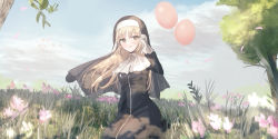 Rule 34 | 1girl, :d, absurdres, balloon, black dress, blue sky, blush, breasts, brown eyes, brown hair, chihuri, cloud, commentary request, day, dress, floating hair, flower, gloves, habit, hand up, highres, long hair, long sleeves, looking at viewer, medium breasts, nijisanji, nun, on grass, open mouth, outdoors, pink flower, seiza, sister claire, sister claire (1st costume), sitting, sky, smile, solo, traditional nun, veil, very long hair, virtual youtuber, white gloves