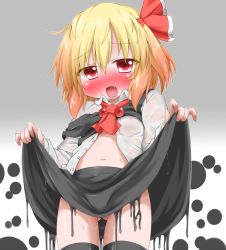 Rule 34 | 1girl, ascot, bad id, bad pixiv id, black thighhighs, blonde hair, blush, breasts, clothes lift, fang, gradient background, hair ribbon, highres, looking at viewer, melting, midriff, navel, oden (th-inaba), open clothes, open mouth, open shirt, red eyes, ribbon, rumia, see-through, shirt, shirt lift, skirt, skirt lift, small breasts, solo, sweat, thighhighs, touhou, vest lift, zettai ryouiki