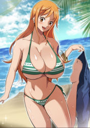 Rule 34 | breasts, large breasts, nami (one piece), non-web source, one piece, qdoujin (pixiv44648813), swimsuit, wet, wet clothes, wet swimsuit