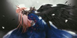 Rule 34 | 10s, 1girl, absurdres, aqua eyes, bare shoulders, black wings, blue dress, cheesemochii, crying, crying with eyes open, darling in the franxx, dress, feather trim, feathers, hands on own face, highres, horns, long dress, long hair, pink hair, sleeveless, solo, spoilers, tears, wings, zero two (darling in the franxx)