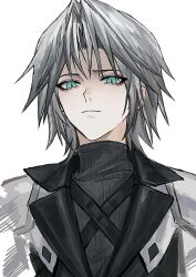 1boy armor black_shirt black_straps bonley chest_strap chinese_commentary closed_mouth commentary_request final_fantasy final_fantasy_vii final_fantasy_vii_ever_crisis green_eyes grey_hair highres lapels light_frown looking_ahead male_focus pauldrons sephiroth sephiroth_(ever_crisis) shirt short_hair shoulder_armor simple_background slit_pupils solo turtleneck upper_body white_background