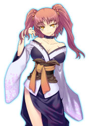 Rule 34 | 1girl, adapted costume, bare shoulders, breasts, choker, cleavage, female focus, hair bobbles, hair ornament, hand in own hair, jewelry, jonylaser, large breasts, onozuka komachi, red hair, ring, smile, solo, touhou, twintails, two side up, yellow eyes