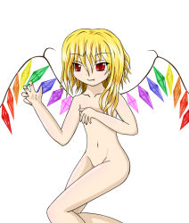 Rule 34 | 1girl, blonde hair, covering privates, covering breasts, divineether, divineether (artist), fang, female focus, flandre scarlet, flat chest, highres, nude, red eyes, short hair, solo, touhou, wings