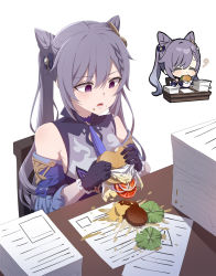 Rule 34 | 1girl, accident, bare shoulders, blush, breasts, burger malfunction, cone hair bun, desk, detached sleeves, eating, embarrassed, food, genshin impact, gloves, hair bun, hair ornament, hairpin, hayarob, highres, keqing (genshin impact), long hair, looking down, meme, open mouth, paper, purple eyes, purple hair, solo, tomato, tomato slice, twintails, very long hair