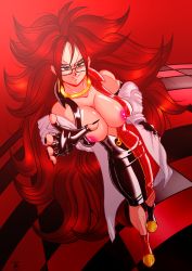 Rule 34 | 1girl, absurdres, alternate costume, android 21, ass, bare shoulders, blue eyes, boots, breasts, cameltoe, cleavage, curly hair, curvy, dragon ball, dragon ball fighterz, female focus, glasses, high heel boots, high heels, highres, huge ass, large breasts, latex, long hair, looking at viewer, mature female, nipples, puffy nipples, red hair, smile, solo, thick lips, very long hair, wide hips