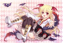 Rule 34 | 10s, 1girl, :3, :d, ankoromochi, argyle, argyle background, argyle clothes, bat (animal), blonde hair, collared shirt, fang, frilled skirt, frills, granblue fantasy, head wings, long hair, open mouth, outstretched arms, red eyes, shingeki no bahamut, shirt, skirt, smile, solo, spread arms, tail, thighhighs, vampy, wing collar, wings