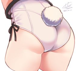 Rule 34 | 1girl, adapted costume, ass, ass focus, rabbit tail, cropped legs, dated, kantai collection, koruri, leotard, naka (kancolle), out of frame, signature, simple background, solo, tail, twitter username, white background, white leotard