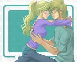 Rule 34 | 1990s (style), 1boy, 1girl, blonde hair, blush, cain highwind, closed mouth, couple, eye contact, final fantasy, final fantasy iv, from side, hetero, hug, long hair, looking at another, pants, ponytail, retro artstyle, rosa farrell, shirt, short sleeves, sitting, smile, soranokaze15, square enix, sweater, t-shirt