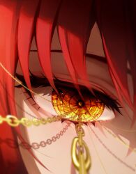 Rule 34 | 1girl, 58 (opal 00 58), absurdres, chain, chainsaw man, close-up, crystal eye, eye focus, eyelashes, gold chain, hair between eyes, highres, makima (chainsaw man), red hair, ringed eyes, shaded face, symbol-shaped pupils, yellow eyes