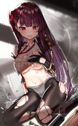 Rule 34 | 1girl, absurdres, b:ga, bad id, bad pixiv id, black gloves, blush, bolt, braid, breasts, brown pantyhose, bullpup, collared shirt, covering privates, covering breasts, frown, girls&#039; frontline, glint, gloves, gun, hair ribbon, highres, huge filesize, jacket, large breasts, long hair, long sleeves, looking at viewer, navel, neck ribbon, no bra, nose blush, one side up, open clothes, open jacket, pantyhose, parted lips, purple hair, red eyes, ribbon, shirt, sitting, skindentation, solo, tearing up, torn clothes, torn pantyhose, torn shirt, uniform, very long hair, wa2000 (girls&#039; frontline), weapon, white shirt