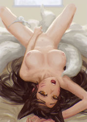 Rule 34 | 1girl, ahri (league of legends), animal ears, arm up, bed, black hair, blush, breasts, doyora, facial mark, fang, female focus, female masturbation, fingering, fox ears, fox tail, indoors, large breasts, league of legends, long hair, looking at viewer, lying, masturbation, multiple tails, nipples, nude, on back, open mouth, panties, panties around leg, pussy, pussy juice, pussy juice trail, slit pupils, solo, spread legs, sweat, tail, underwear, upside-down, whisker markings, yellow eyes