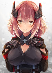 Rule 34 | 1girl, akashio (loli ace), azur lane, breasts, cleavage, commentary request, covered erect nipples, cross, gloves, hair between eyes, hands on own chest, headgear, highres, iron cross, large breasts, looking at viewer, red hair, roon (azur lane), smile, solo, upper body, yellow eyes
